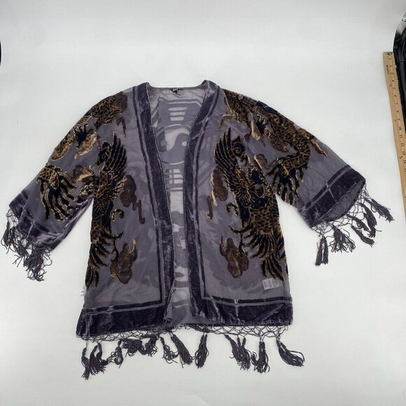 BUFFALO David Bitton XS/S Open Front Velvet Sheer Beaded Cardigan FLAWS SEE DESC - Picture 1 of 12